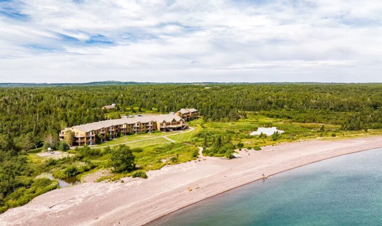 Aerial view of Superior Shores Resort along the Lake Superior beach in summer