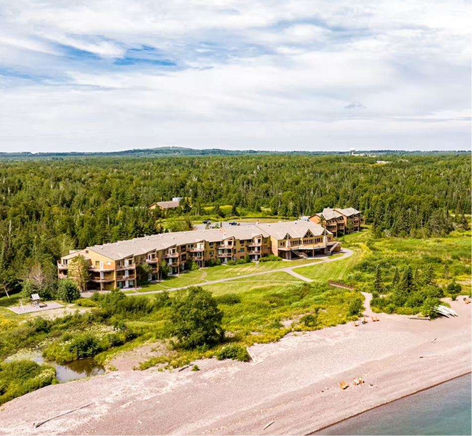 Aerial view of Superior Shores Resort buildings along the Lake Superior shoreline near Two Harbors