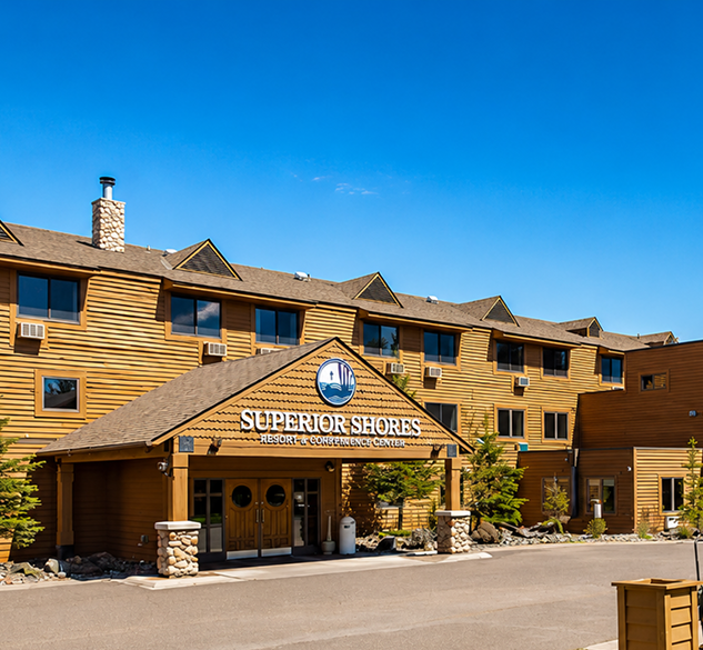 Superior Shores Resort and conference center entrance on a sunny day