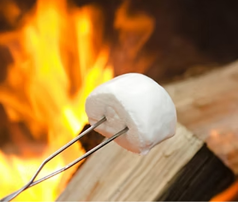 Marshmallow toasting over a campfire at a Superior Shores beachfront bonfire