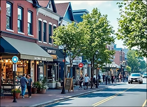Shops and sidewalk cafes on a small-town main street near the North Shore
