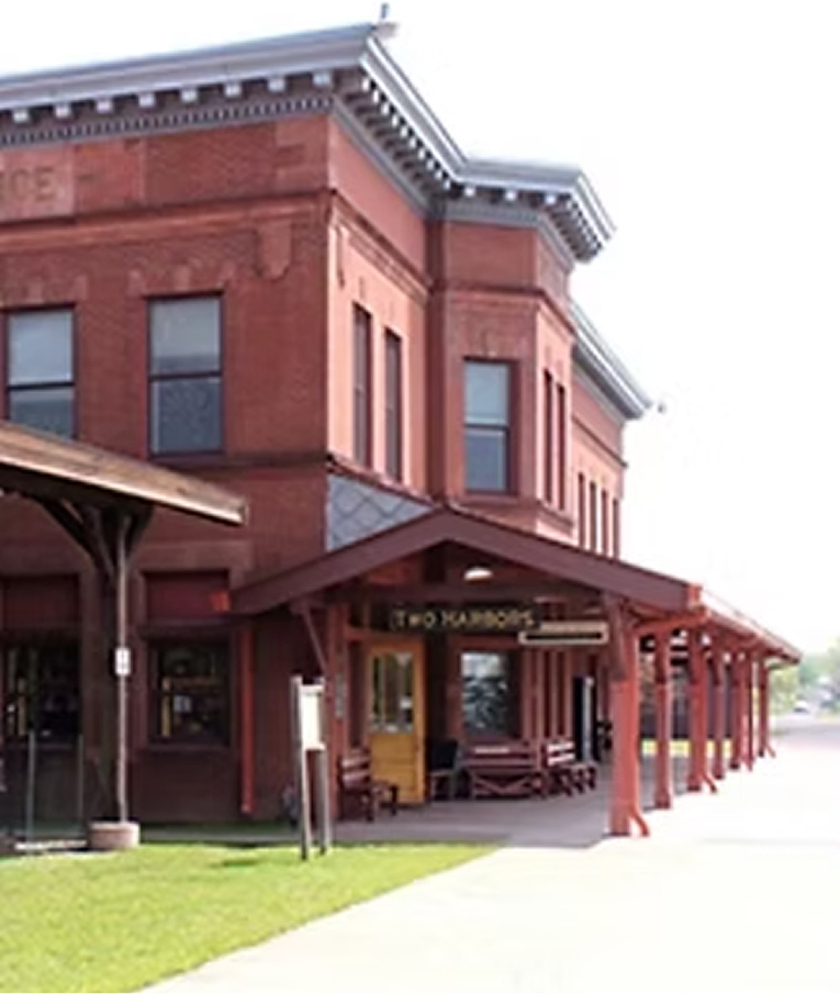 Historic Two Harbors depot museum building in downtown Two Harbors