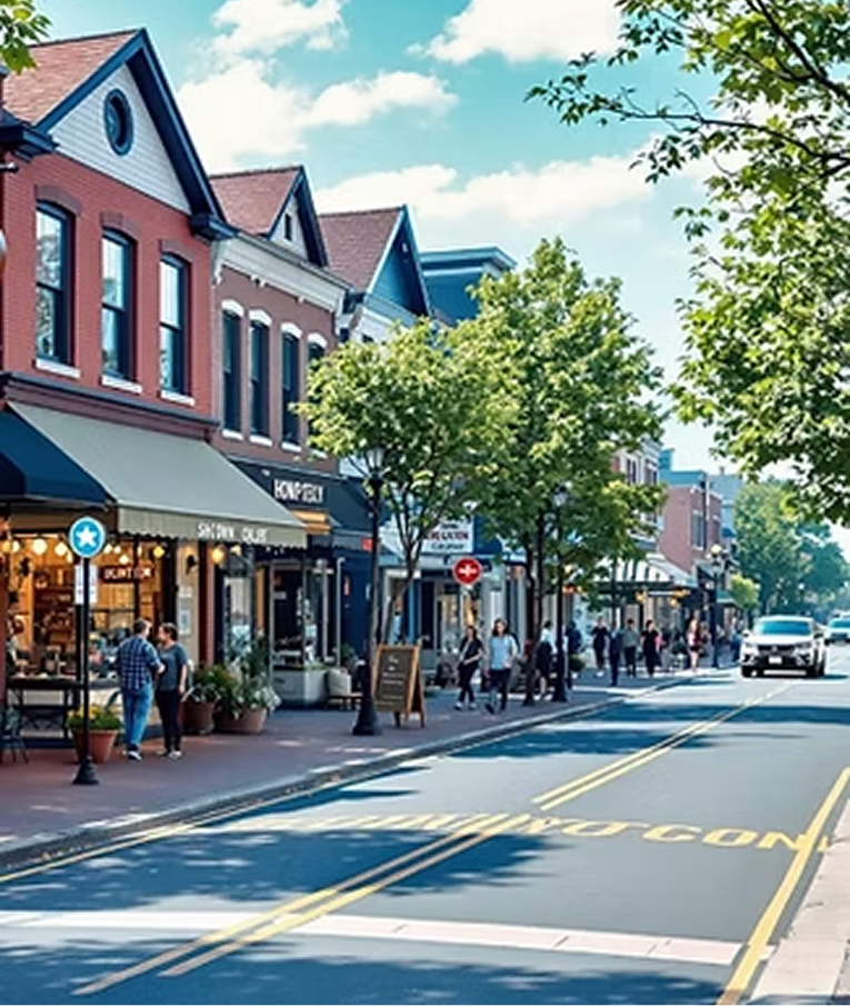 Shops and restaurants along a small-town main street near the North Shore