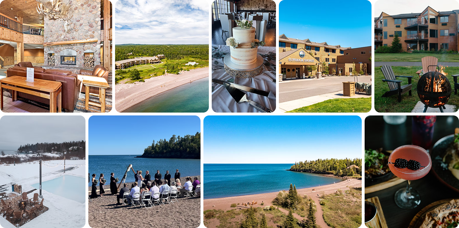 Collage of Superior Shores Resort scenes: lodging, dining, weddings, beach and winter activities