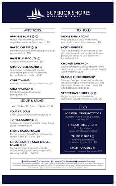 Superior Shores Restaurant & Bar dinner menu of shareables, soups, salads and entrees