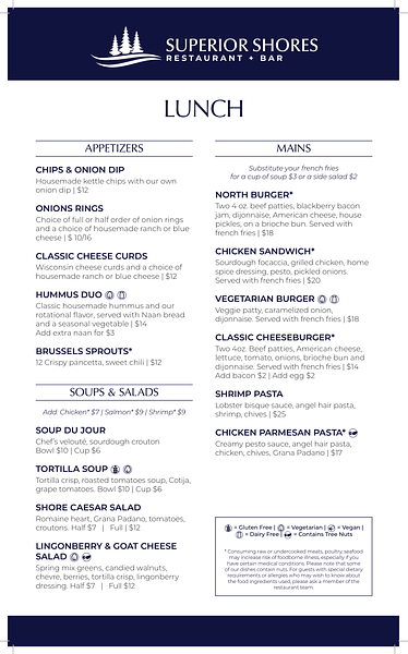 Superior Shores Restaurant & Bar lunch menu with appetizers, soups, salads and mains