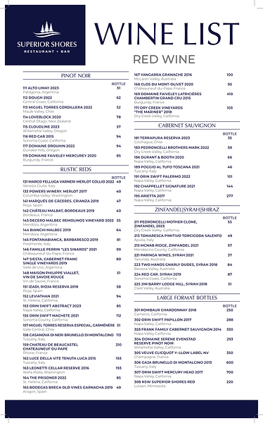 Superior Shores Restaurant & Bar wine list by the glass and bottle