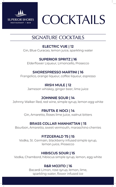Superior Shores signature cocktail menu