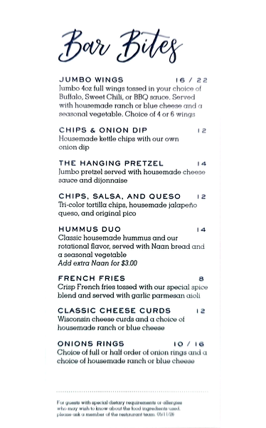 Superior Shores bar bites menu including wings, pretzel, nachos and cheese curds
